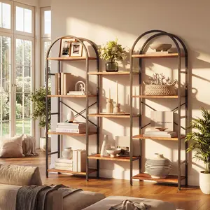 Triple 4 Tier Arched Bookshelf, Large Open Display Bookcase with 11 Shelves, Metal Frame & Wood Shelves, Wide Tall Standing Storage Rack for Living Room, Bedroom, Home Office,Rustic Brown/Black/White