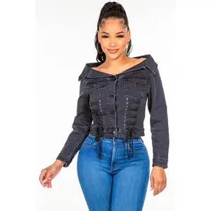 American Bazi Off Shoulder Lace Up Denim Jacket