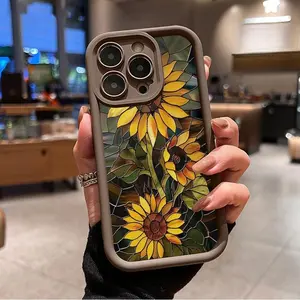Artistic Sunflower Pattern Phone Case for iPhone 17 16 15 14 Pro Max 13 12 11 XR XS Plus Air Shockproof Non Slip Military-Grade Protection Silicone Cover