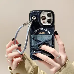 Vintage Denim Card Slot Wristband Phone Case | Tie Design with Inspirational Text Protective Case | Anti-Drop & Anti-Scratch Craftsmanship | Compatible with iPhone 17/16/15/14/13 Pro Max | Trendy Y2K Accessory