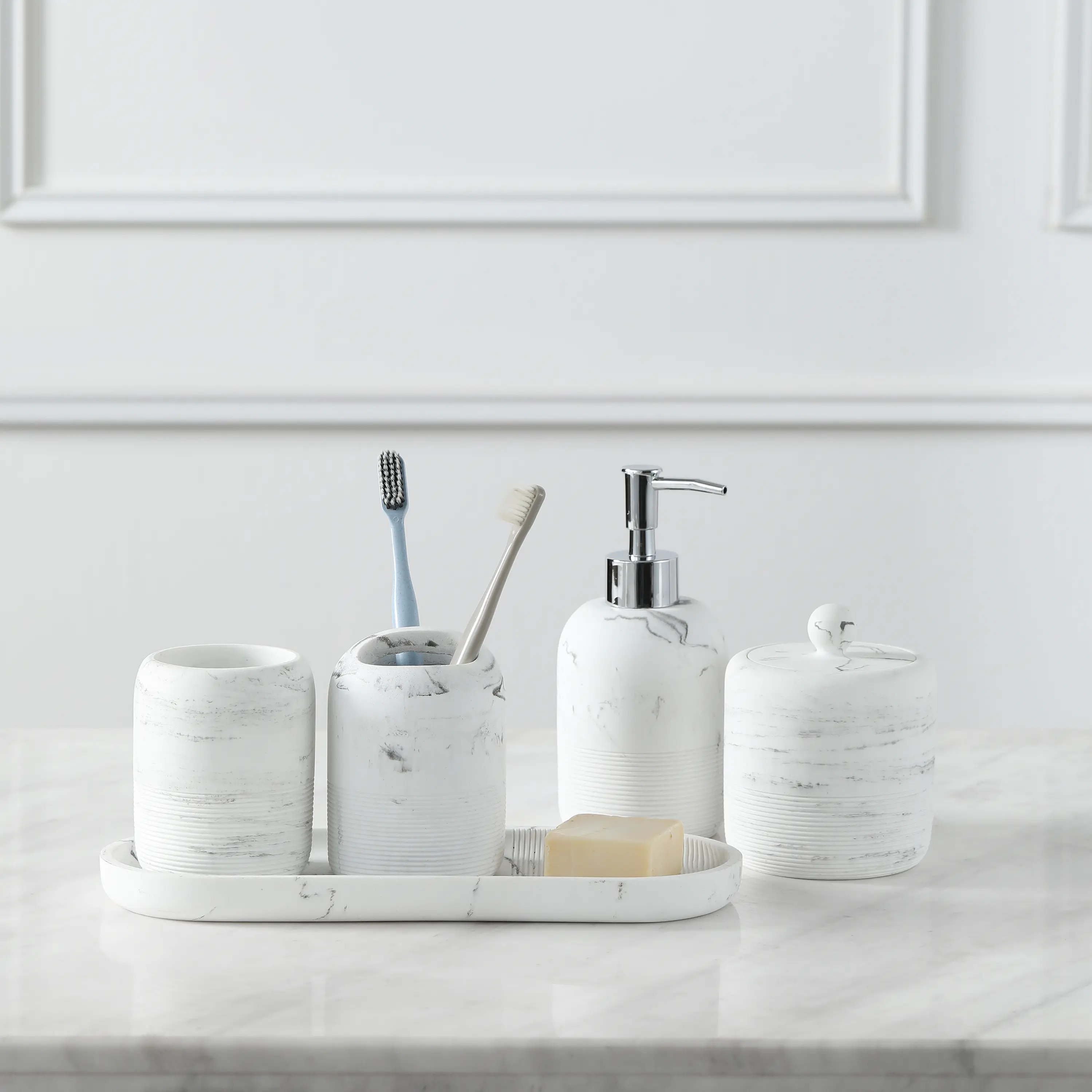 QL DESIGN Bathroom Accessories Set, 5-Piece Resin Bath Accessory Complete Set with Lotion Dispenser/Soap Pump, Cotton Jar, Tray, Tumbler and Toothbrush Holder (Marble Look)