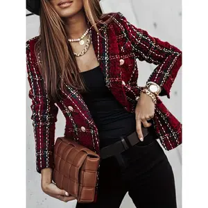 Elegant Plaid Blazer for Women, Polyester Blend, Double-Breasted Button Detail, Long Sleeve, Regular Fit, Woven Fabric, for Spring/Fall Office Jacket