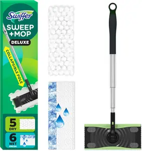 2-in-1 floor mopping and sweeping set, multi-surface set for floor cleaning, set includes 1 sweeper, 5 heavy-duty dry sweeping cloths, 6 heavy-duty wet mopping cloths