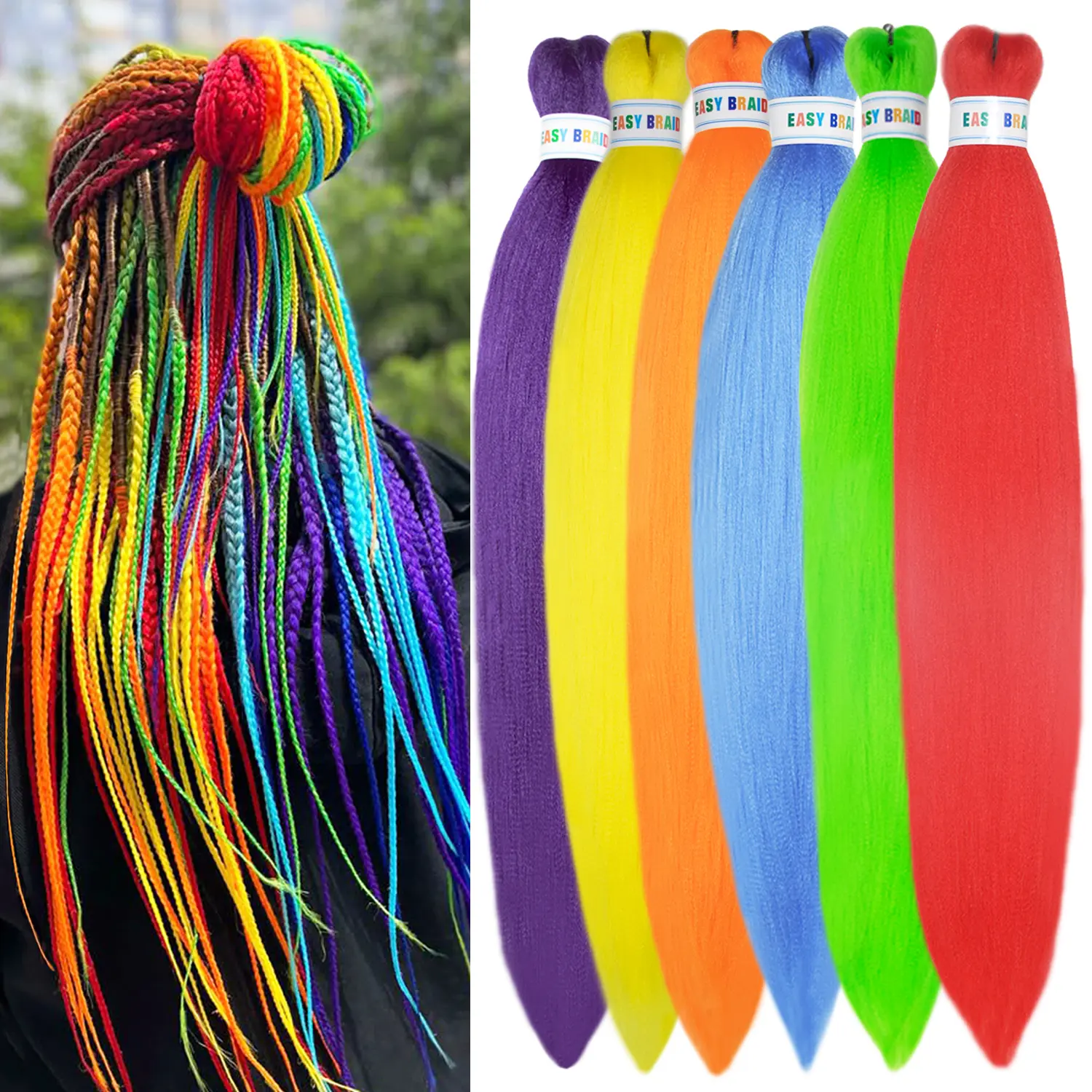 Colorful Rainbow Braiding Hair  26inch Pre-Stretched Hair Extensions | 6pcs for Women | Easy Braids, Vibrant Style