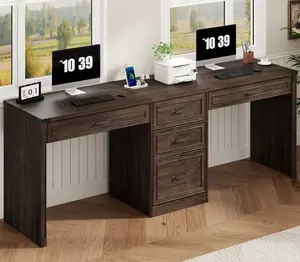 81" Double Computer Desk with Power Outlet, 5 Drawer 2 Person Office Desk with Charging Station and File Storage, Farmhouse Home Office Desk Brown or White
