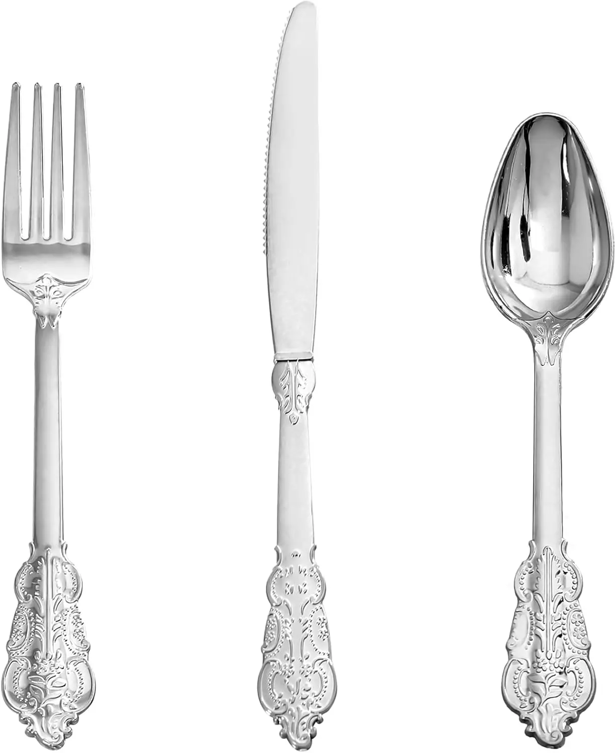 Silver Plastic Silverware Set Heavy Duty Vintage 120Guests Wedding| Embossed cutlery set with fancy vintage silverware style,perfect disposable tableware bulk pack for elegant party supplies.