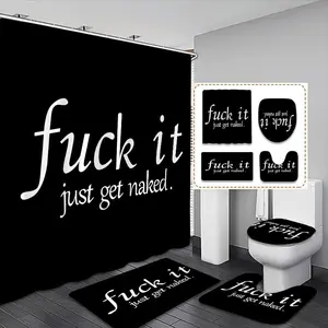 Letter Pattern Shower Curtain Set, 1 Set Bathroom Decorative Curtain with Hooks & Toilet Mat & Bath Mat & Toilet Lid Cover, Bathroom Accessories