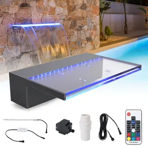 Garvee 12" Acrylic Pool Fountain Waterfall Spillway 11.8" x 4.5" x 3.1" with Pipe Connector and 9 Color LED Strip Light for Outdoor Garden, Patio, and Swimming Pool Decoration