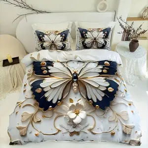 3pcs Gold Border Butterfly Floral Bedding Set, 1 Fitted Sheet + 2 Pillowcases No Pillows, High Definition Print Home Dorm Room