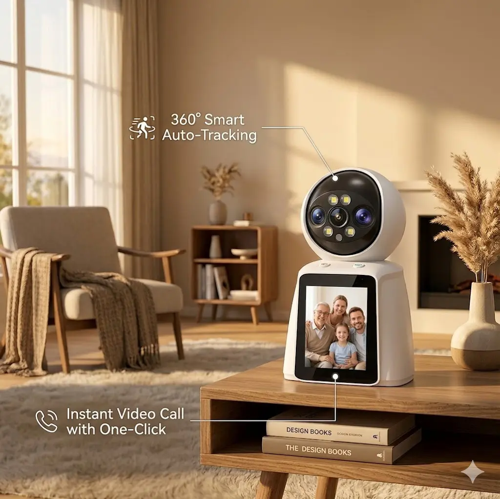 One-Touch Video Call Cam | 24/7 Smart Indoor Home Security Camera, 2PM HD Built-in Screen Monitor, Auto Motion Alerts & Night Light, Plug-In No Battery Design for Elderly Care & Baby  wireless indoor camera  wireless wifi camera  security gadget