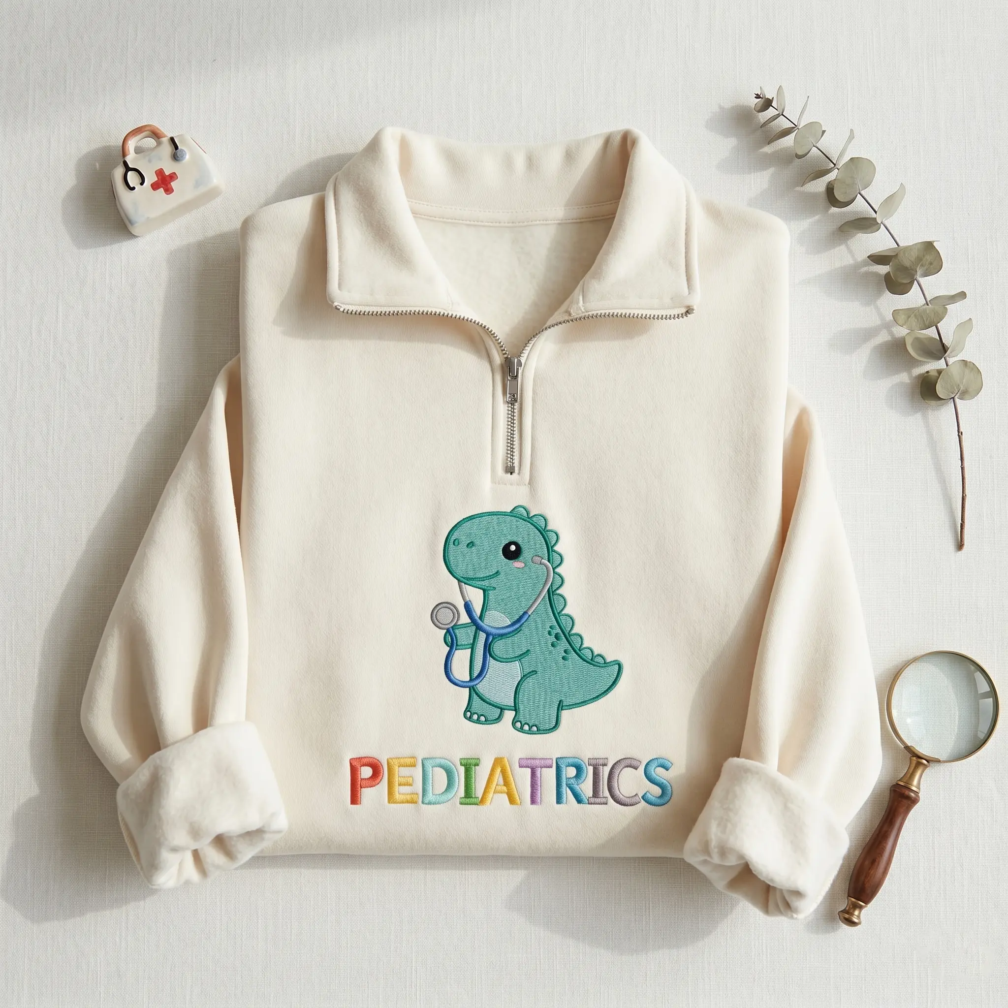 [MADE IN US] Dinosaur Pediatrics Nurse Embroidered Quarter Zip, PEDS Shirt, Pads Nurse Dino Sweater, Funny Nurse Graduation Gift for Nurse, Cute Peds gift