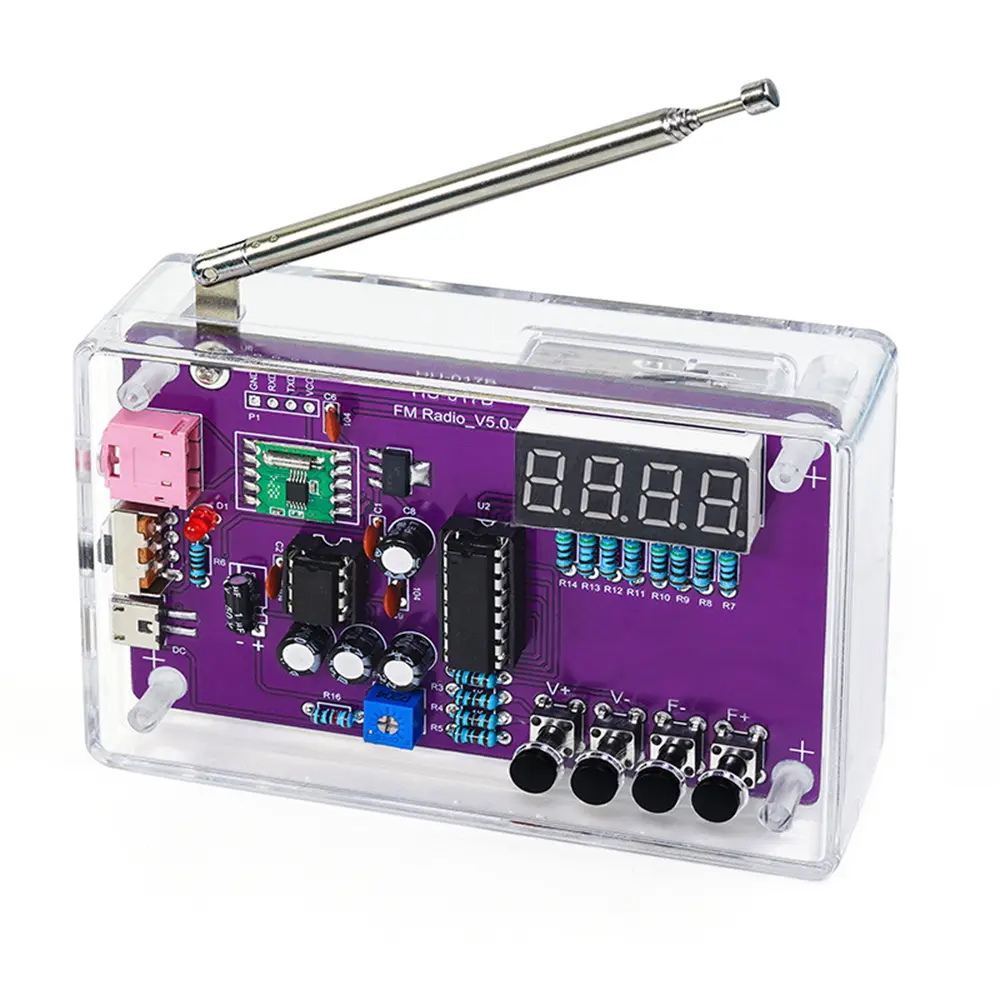 V5.0 DIY Radio Kit with Transparent Synthetic Shell, Battery Powered Soldering Project with Digital Display, Auto Search, Noise Cancellation & Potentiometer Adjustment, Battery Powered Radio, Integrated Cover