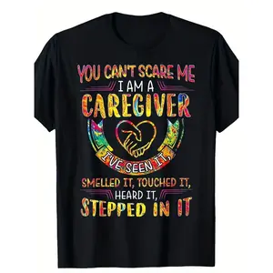 [100% Cotton] 100% CottonMen' You Can'T Scare Me I'M A Caregiver T-Shirt M |   Bold Tie-Dye Heart & Quote Print, Crew Neck, Casual Streetwear, Suitable For Healthcare Workers & Sports Enthusiasts, Moisture-Wicking, All-Season Comfort, Plus Size