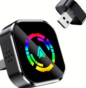 Wireless CarPlay adapter compatible with iPhone and Android, featuring fast connection without delay, hands-free calling, a mini USB car design, and plug-and-play functionality for Apple CarPlay