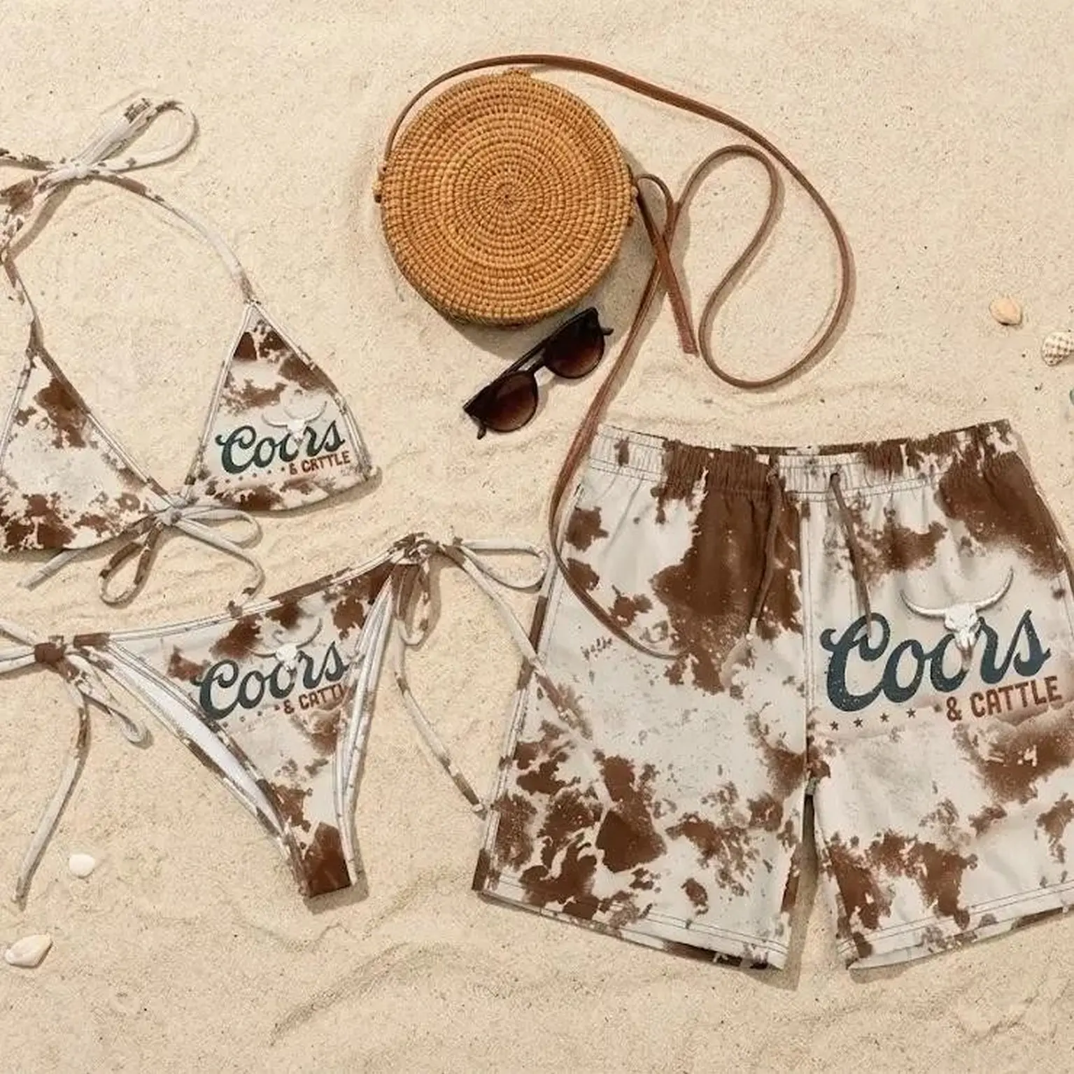 Coors Light Western Cow Print Matching Bikini and Hawaiian Shorts Set, Beer Graphic String Bikini for Women and Quick Dry Swim Trunks for Men, Retro Country Couple Swimwear, Summer Beach Pool Vacation Outfit