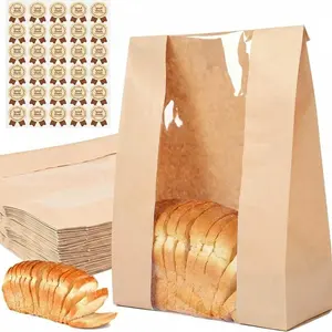 Bread Paper Bags with Window, 50/100 Pack Kraft Bread Bags with Labels, 13.7 x 8.3 x 3.5 Inch Large Bakery Bags for Homemade Bread, Sourdough, Pastry, Food Packaging