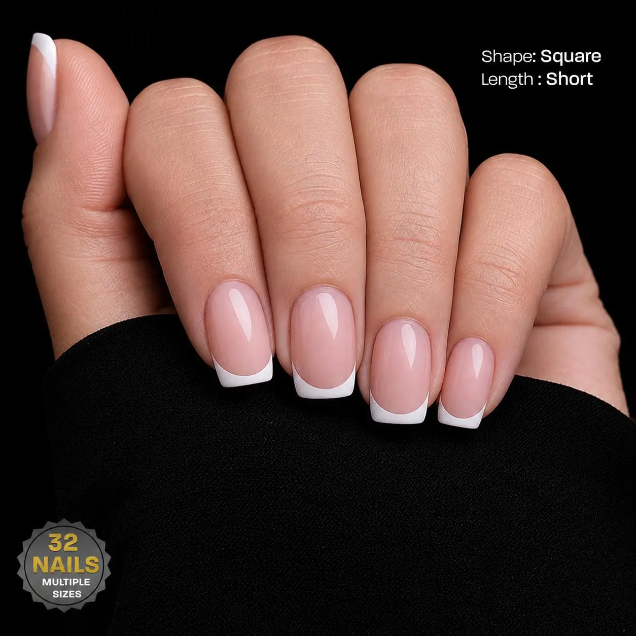 Square Acrylic Press-On Nails, French Style, Salon Quality, 32-Piece Set with Multiple Sizes for a Perfect Fit, Nail Glue Not Included
