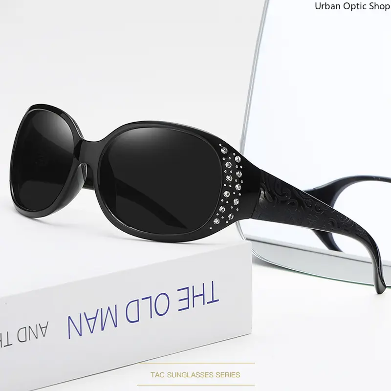 XUH Blacked-Out Women's Oversized Polarized Sunglasses, TAC Lens UV400 Protection, Rhinestone Accents, Embossed Temple, Elegant Black Frame for Outdoor Driving & Daily Wear, Blacked-Out Women's Sunglasses