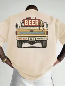 Men's Regular Fit Beer & Truck Print Round Neck Tee, Casual Short Sleeve Crew Neck T-shirt for Summer, Fashion Men's Top for Daily Wear, Tropical