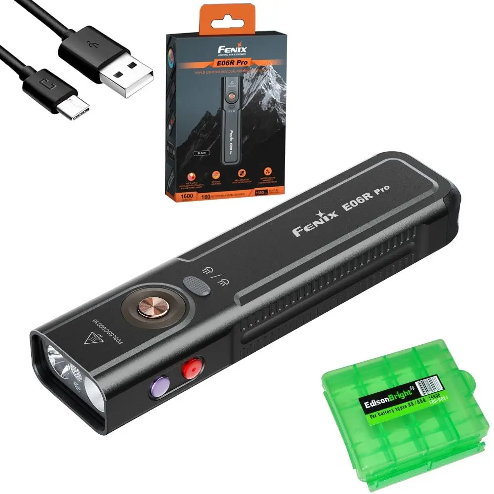 Fenix E06R Pro 1600 Lumens 4-in-1 Flat Rechargeable EDC Flashlight with Red Beam, UV Light, Spotlight/Floodlight w/EdisonBright Acc case