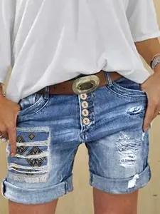 Women's Frayed Denim Shorts Spring Summer, Floral Fringe Hem, Button Fly Closure, Loose-Fitting Casual Style, Distressed Design