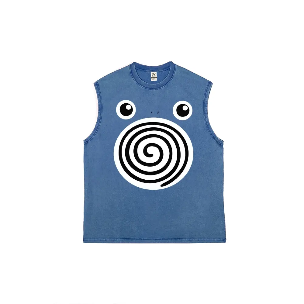 Men's Retro Comfortable Pure Cotton Soft Anime-Inspired Graphic Vest, Unisex Pocket Monsters Washed Everyday Clothes with Spiral Big Eyes Cartoon Art Pattern,summerwins,father'sdaygifts