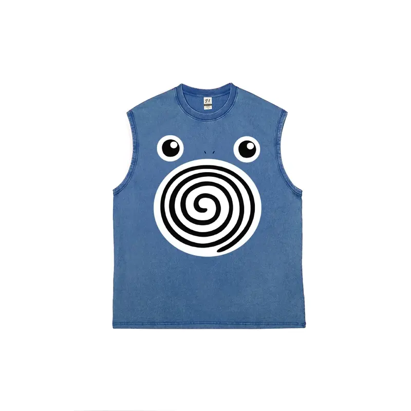 Men's Retro Comfortable Pure Cotton Soft Anime-Inspired Graphic Vest, Unisex Pocket Monsters Washed Everyday Clothes with Spiral Big Eyes Cartoon Art Pattern