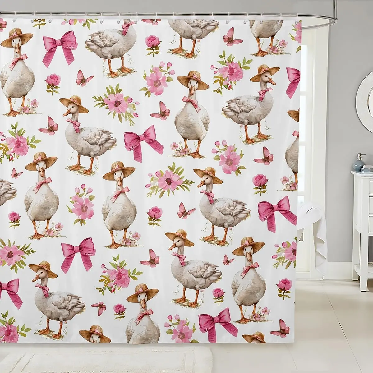 Funny Goose Shower Curtain,Kawaii Pink Bow Bathroom Curtain,Watercolor Floral Fabric Shower Curtains,Wildlife Bathroom Accessories