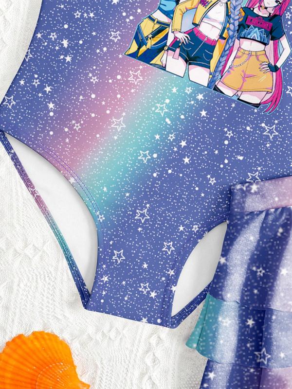 K-Pop Hunter Swimwear, Kpop Demon Hunters Beach Sweetheart Exclusive Swimsuit, Starry Gradient & Girl Group Print, Ruffle Trim Swimsuit, Fashionable Halter Two-Piece Bikini