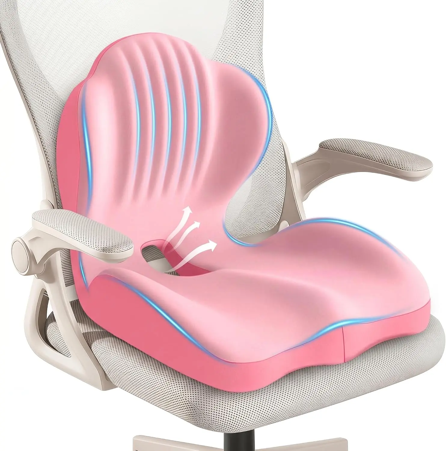 Ergonomic 2-in-1 Memory Foam Lumbar & Seat Support Cushion with Coccyx Hollow Design - Relieves Back, Hip Pain for Office Chair, Home Use (Pink), Office/Home/Travel, Spinal Health