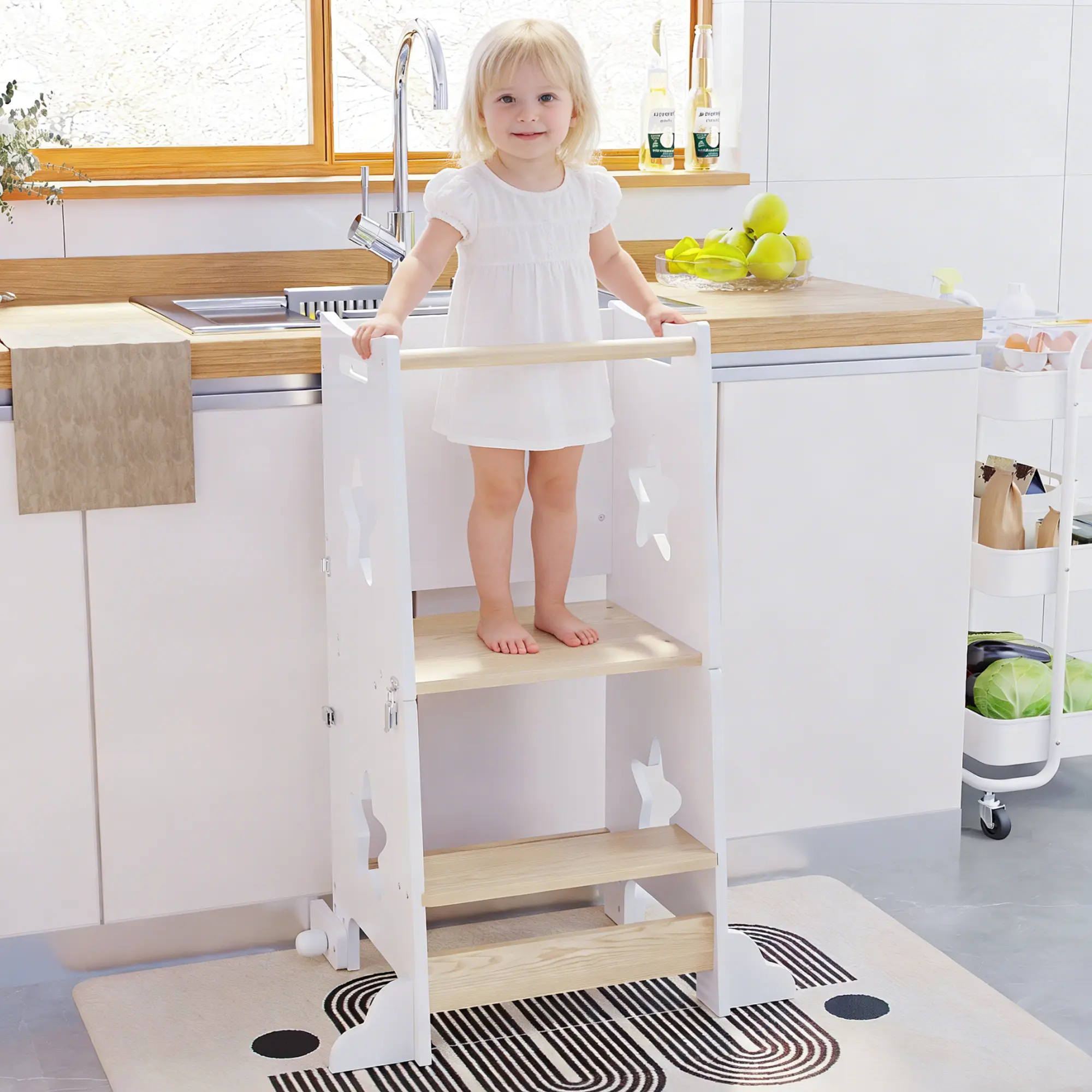 OPUL 3-in-1 Toddler Kitchen Step Stool, Foldable Learning Standing Tower with Blackboard, Anti-tip Structure Design, Wooden Kitchen Stool Helper With Chalkboard, Safety Rail, and Standing Tower for Kids, 1-3 Year Old Boy Girl Gifts