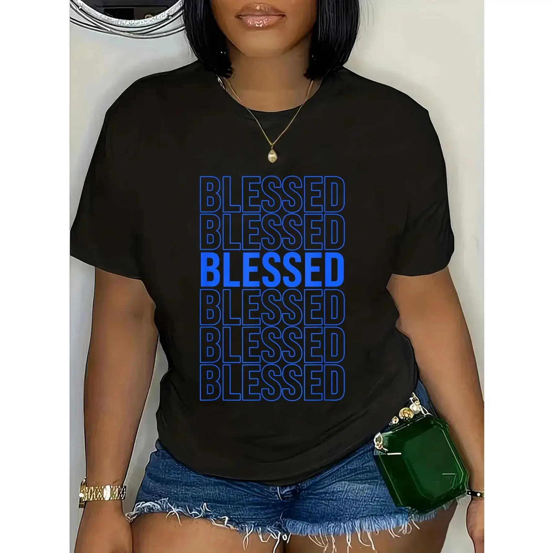 100% Cotton Match Blue Color Graphic Tee Blue Blessed Royal Blue Graphic T-Shirt Christ Christian Tops