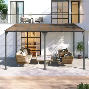 UV Resistant Wall Mounted PergolaGazebo 14.76*9.22 FT Patio Cover Lean-to Awning with Powder-Coated Iron Frame and with PC Roof Panels Outdoor Sloped Design Shelter for Deck, Garden, Backyard, Gray