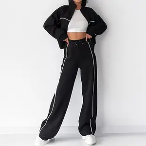 Women's 2-Piece Tracksuit Set Black Cropped Jacket & Wide-Leg Sweatpants with White Stripe Casual Loose-Fit Loungewear Outfit Sweatsuit Matching Set