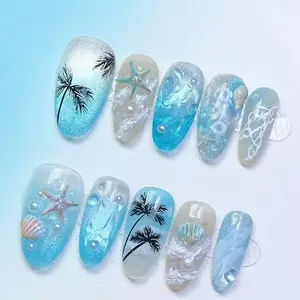 Summer Ocean Style Nail Art Kit, Blue Gradient Coconut Tree Shell Starfish Design, Removable Waterproof Press-On Nails, Includes Sponge Stick & Jelly Glue