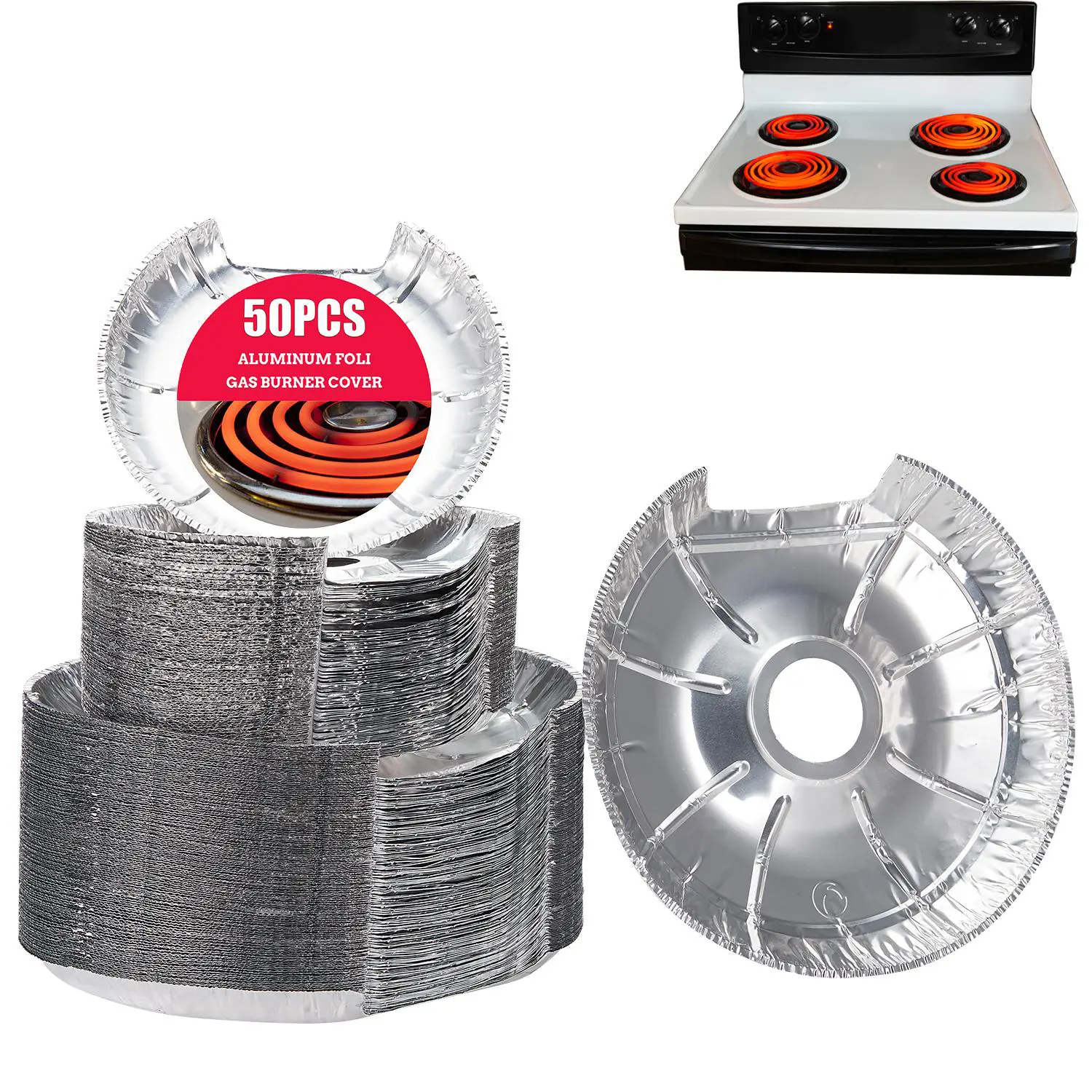 50 PACK Round Electric Stove Burner Covers 6 Inch and 8 Inch Disposable Stove Top Aluminum Foil Bib Liners, to Keep Kitchen Range Clean from Oil and Food Drips