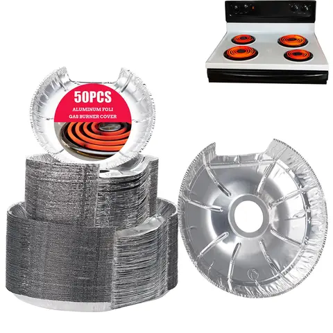 50 PACK Round Electric Stove Burner Covers 6 Inch and 8 Inch Disposable Stove Top Aluminum Foil Bib Liners, to Keep Kitchen Range Clean from Oil and Food Drips