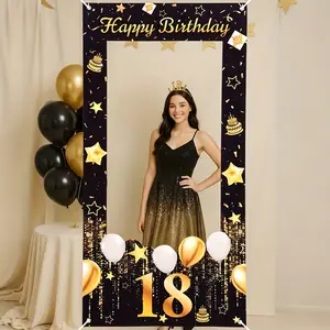 2D flat, 2D flat -2D flat, 2D flat -2D flat banner, 1 piece, polyester background frame for 18th birthday party, size 23.62 * 47.24 inches, black and gold birthday party photography props, 18th birthday party decoration