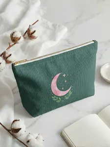 Moon Printed Corduroy Makeup Bag, Cartoon Style, Cute Lightweight Multi-Functional Fashion Casual Cosmetic Bag, Travel Organizer, Zipper