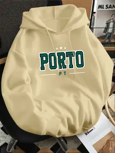 Men's Fleece-Lined Hooded Sweatshirt, PORTO Print Design, Casual, Daily Wear, Sports, Soft & Comfortable Fabric, Kangaroo Pocket, Fashionable & Versatile, New Autumn & Winter Hoodie