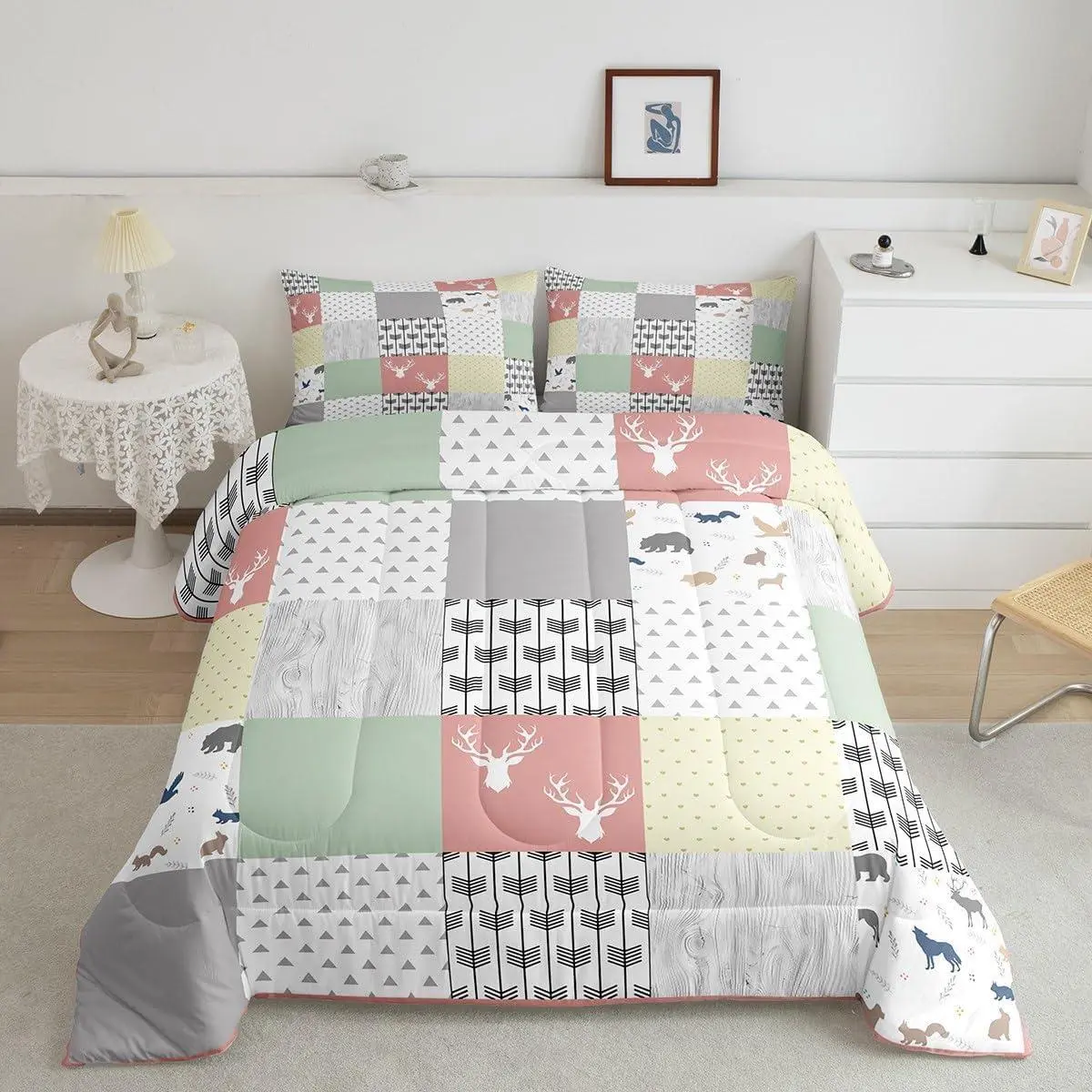 Wild Animals Hunting Comforter Set,Bear Deer Antler Duvet Set for Kids Boys,Trees Arrow Hexagon Plaid Geometric Soft Microfiber Bedding Comforters