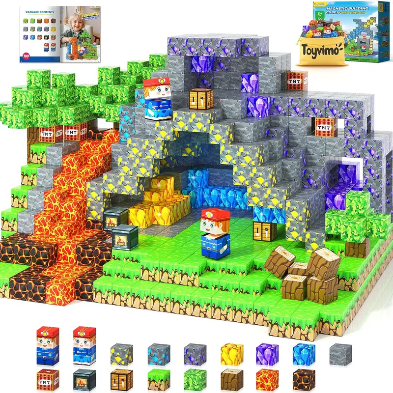Coodoo 100PCS Creative Magnetic Building Blocks Set with Storage Bag - Stackable Cubes, Interlocking Modular Pieces, Collectible Construction Set, STEM Montessori Kids Toys for Classrooms