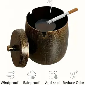 Outdoor Metal Ashtray with Lid for Home and Office, Smoke-Free and Windproof Design, Rainproof Circular Iron Cigar Ashtray with Non Slip Base