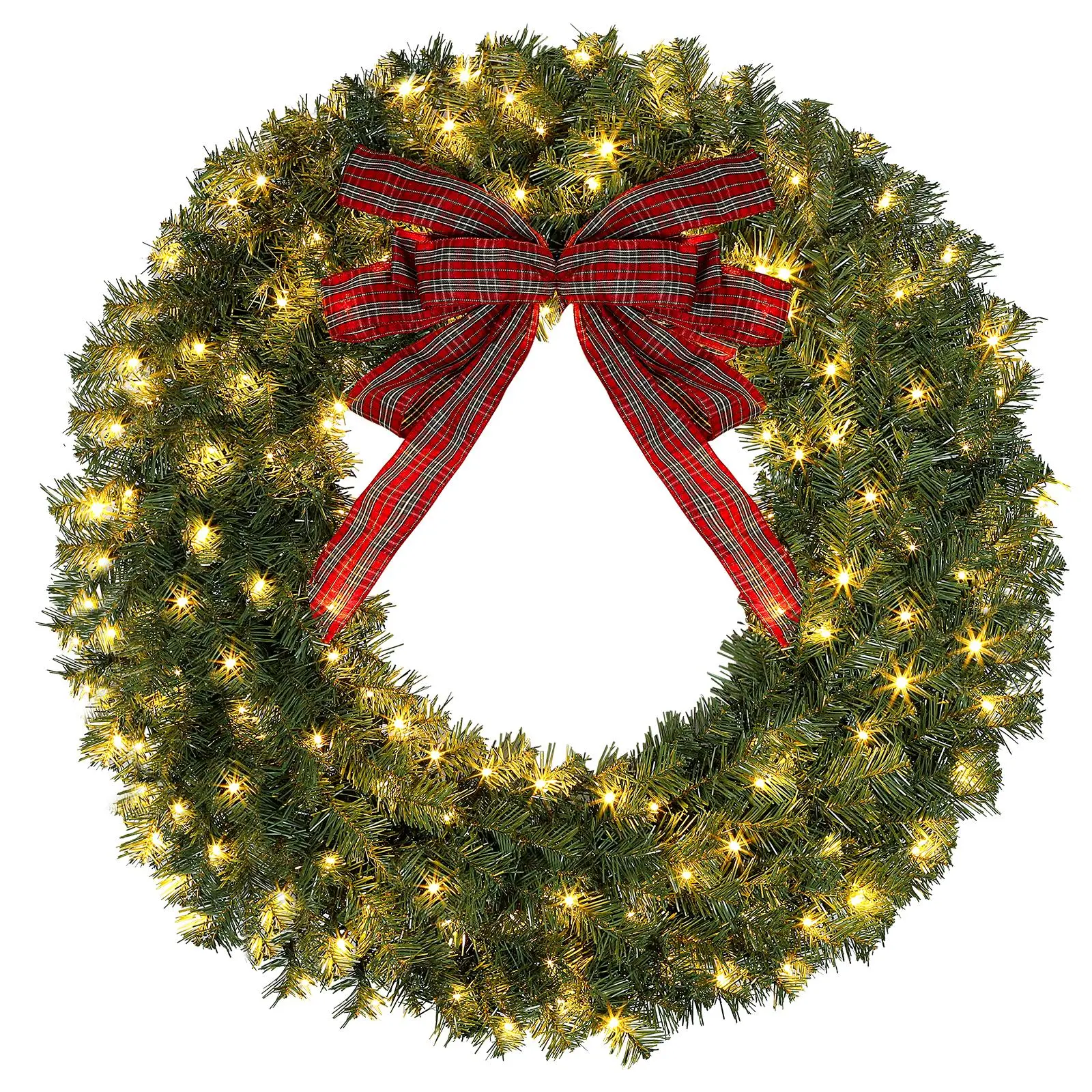 Okicoler 24-Inch Round Metal Wall Pre-Lit Christmas Wreath, 50 LED Lights, 11 Lighting Modes, Red Plaid Bow, 192 Branch Tips, Battery-Operated Indoor Outdoor Holiday Door Decor