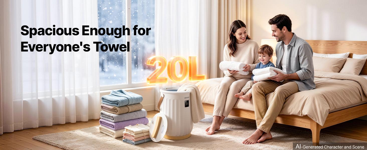 VEVOR Towel Warmers for Bathroom 20L Heated Towel Bucket with LED Display, Rapid Heating, 4 Adjustable Timer, Wood Handle, Auto Shut Off, Fits Oversized Towels, Blankets, Bathrobes, for Women, White#BacktoSchool