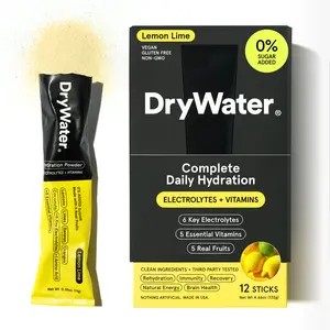 DryWater Complete Daily Hydration (12 Pack) - Lemon Lime. 6 Electrolytes + 5 Vitamins + 1 Amino Acid. No Added Sugar, Nothing Artificial, Real Fruit, Vegan, Gluten Free - (12 Stick Packs)