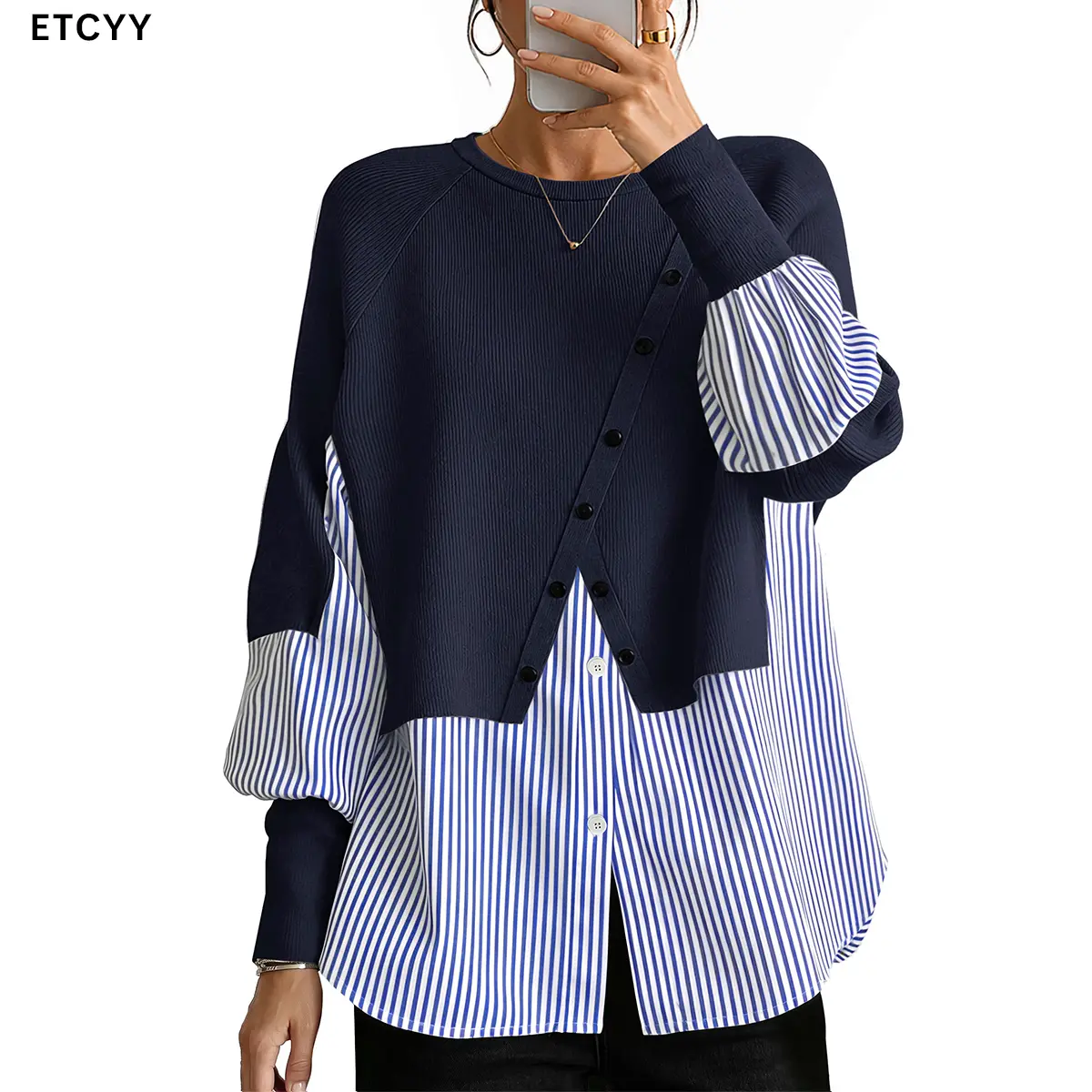 ETCYY NEW Women's 2-in-1 Layered Look Sweater, Oversized Striped Knit Pullover with Puff Sleeves and Asymmetrical Slanted Buttons, Knitwear, Fitted, Longsleeves, Long Sleeve, Casual