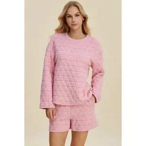 Double Take Full Size Texture Round Neck Long Sleeve Top and Shorts Set