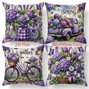 4pcs, Rustic Themed Throw Pillow Covers, Truck, Bicycle & Purple Flower Pattern Design, Add a Natural Spring Atmosphere to the Family, Suitable Living Room, Bedroom, Sofa and Bed Decoration, 2D Flat, Single Sided Printing, No Pillow Core
