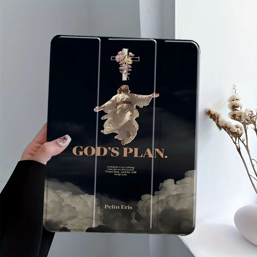 Floral Cross God's Plan Inspirational Bible-themed case, with adjustable stand and pen slot, foldable non-slip TPU protective cover, suitable for Samsung, iPad mini, iPad Air, iPad Pro/iPad 10th generation, 11th generation, and other iPad series.
